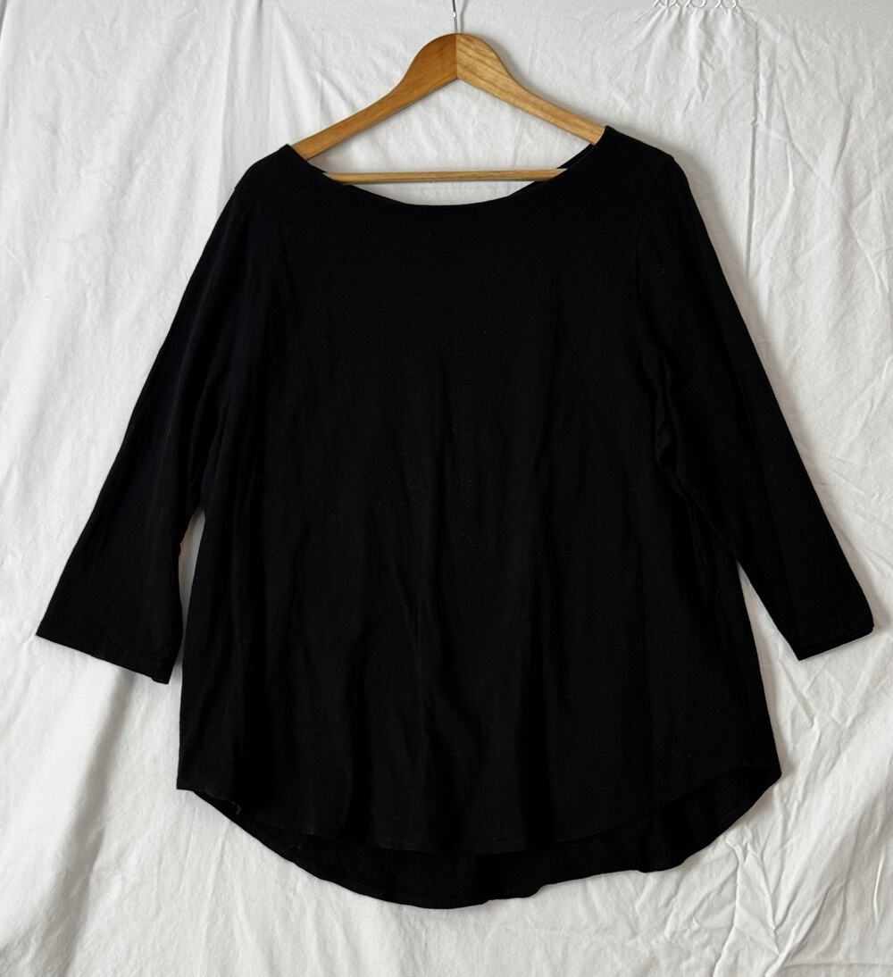 Eileen Fisher Womens Black Organic Cotton Boatneck 3/4 Sleeve Tee Tunic Size XL